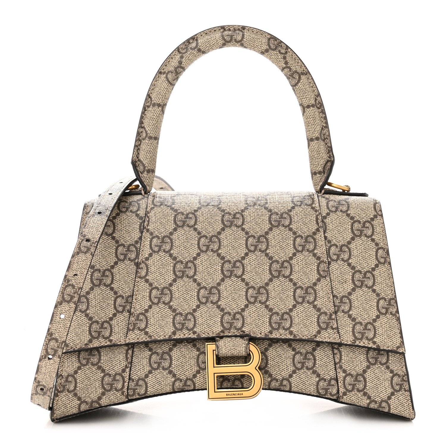 BALENCIAGA X GUCCI GG Supreme Monogram Small Hourglass Top Handle Bag Beige Ebony